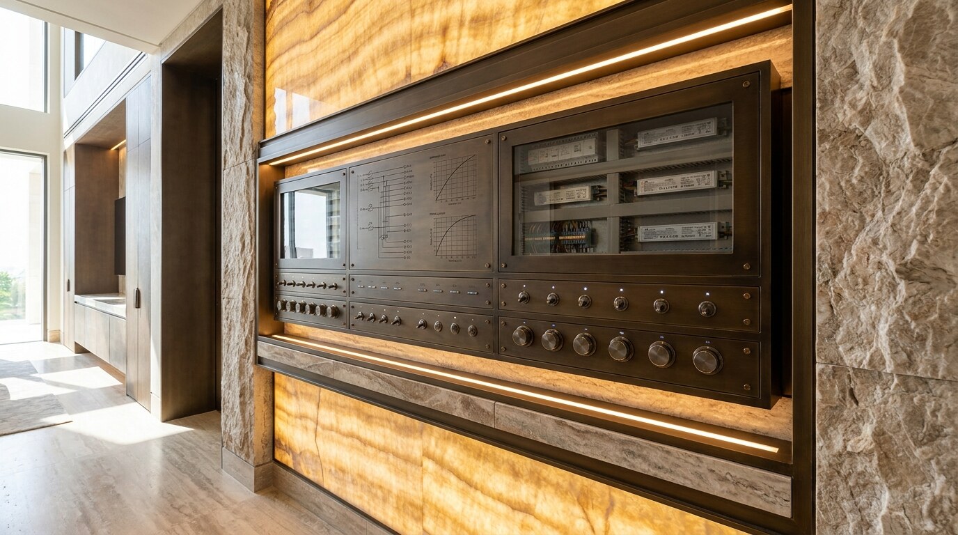 Luxury Lighting Design in Dubai Villas: Circadian Scenes, Backlit Onyx, and Concealed Control visual reference 2 showing technical lighting scene board with circuit zones, dimming curves, and concealed drivers