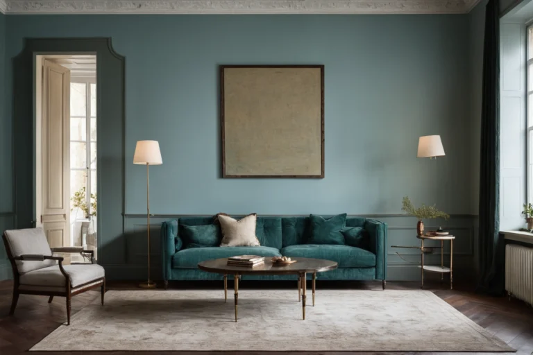 Living room with patina blue-green walls, aged copper and brass fittings and linen upholstery