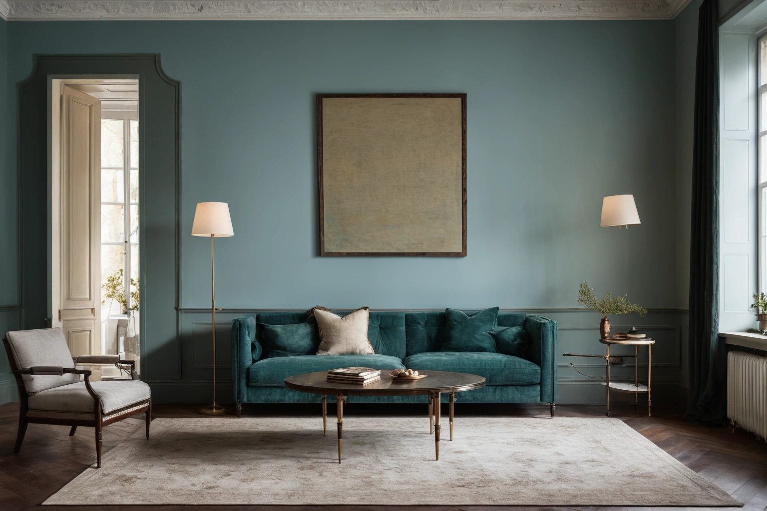 Living room with patina blue-green walls, aged copper and brass fittings and linen upholstery