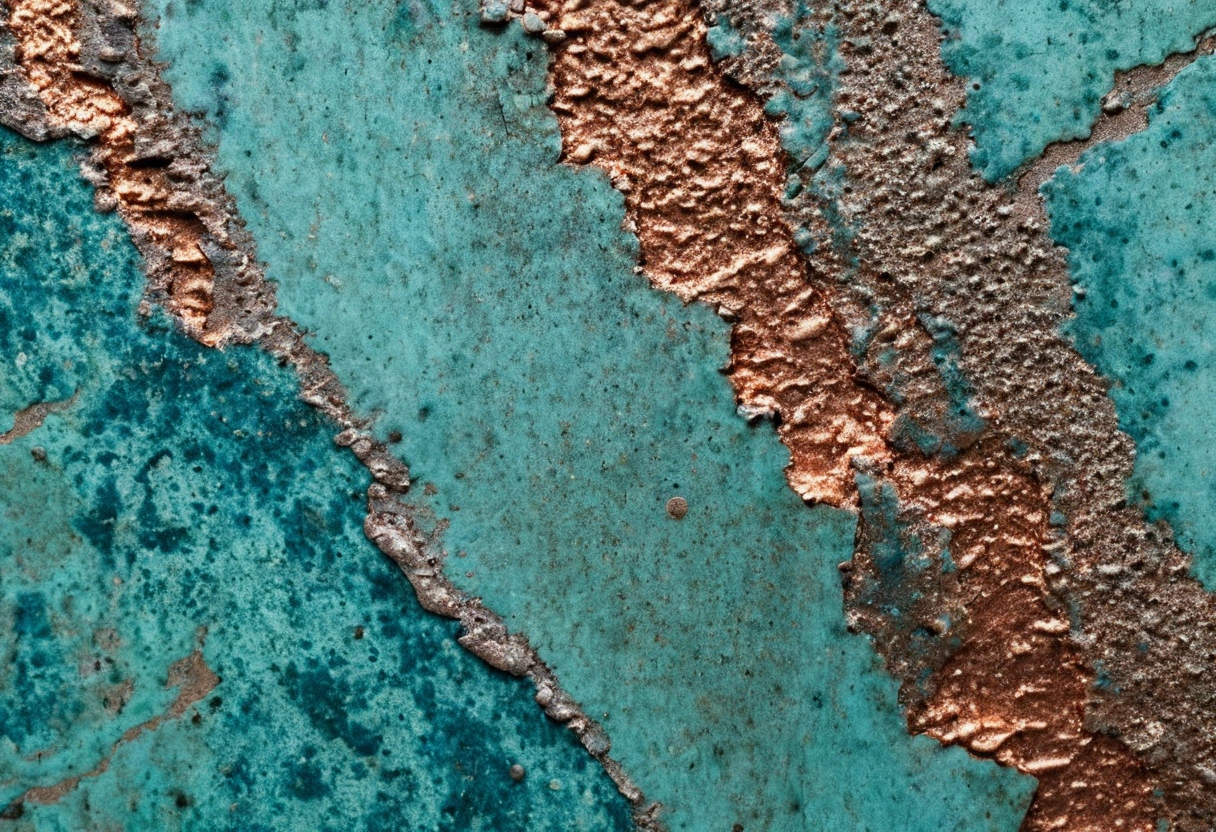 Macro photograph of weathered copper showing blue-green patina crust over bare metal
