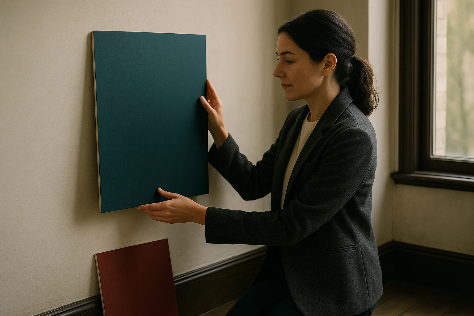 A designer holding a large painted sample board against a wall beside a window