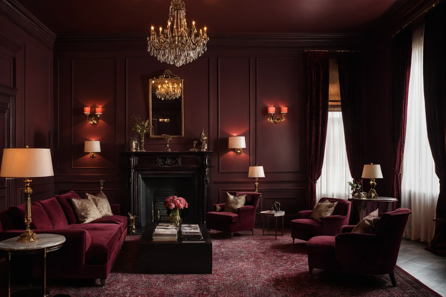 Drawing room with oxblood lacquered walls, velvet seating and brass fittings