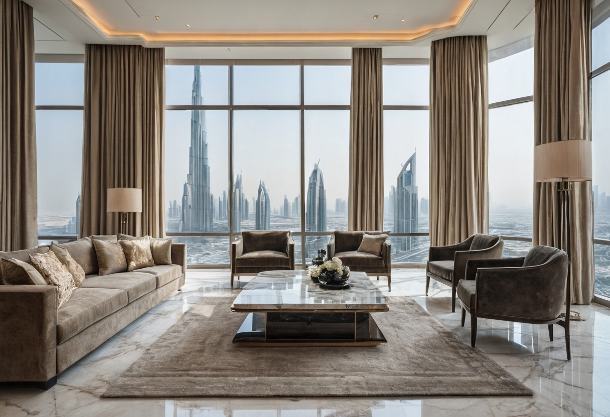 Modern luxury apartment interior in Dubai with marble floor and skyline view